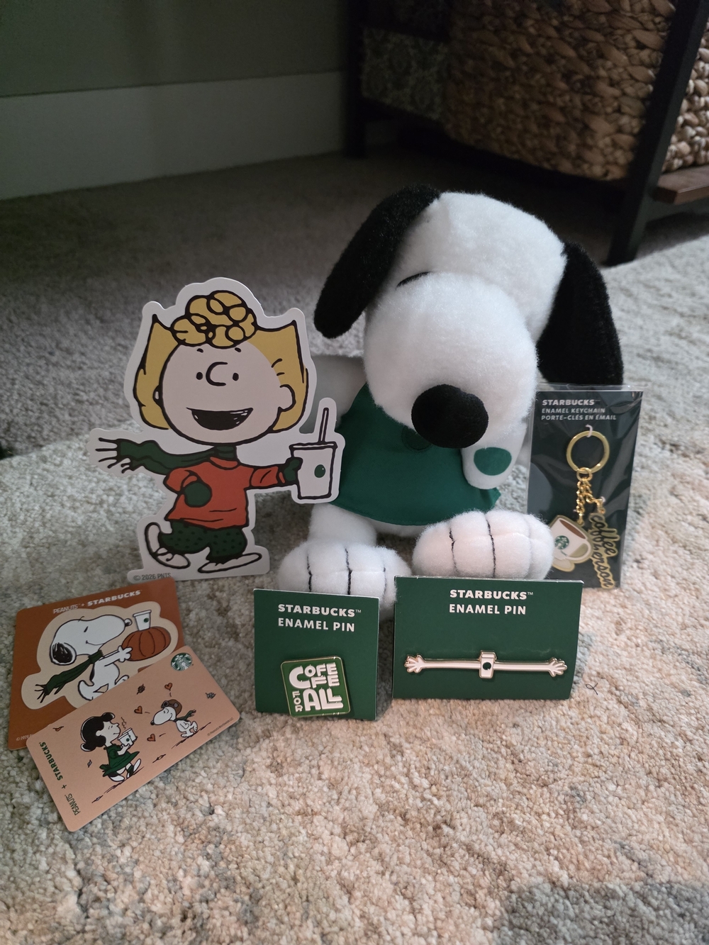 Starbucks Peanuts Snoopy Plush with Starbucks Pins & Keychain Set
